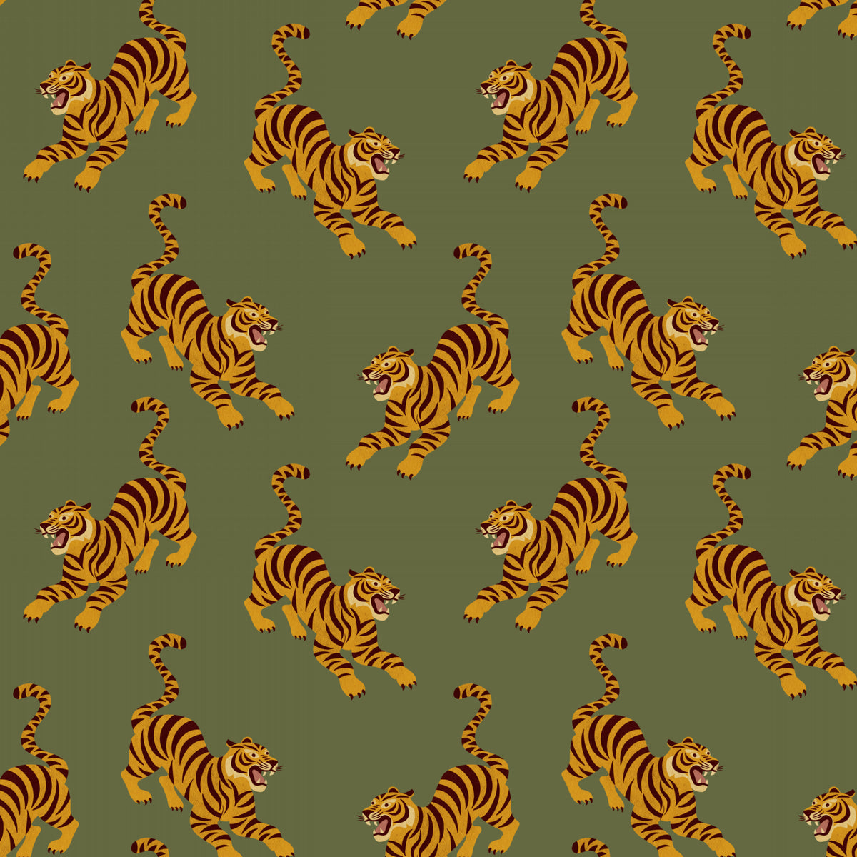 A repeating pattern of cartoon-style orange and black striped tigers on an olive green background.