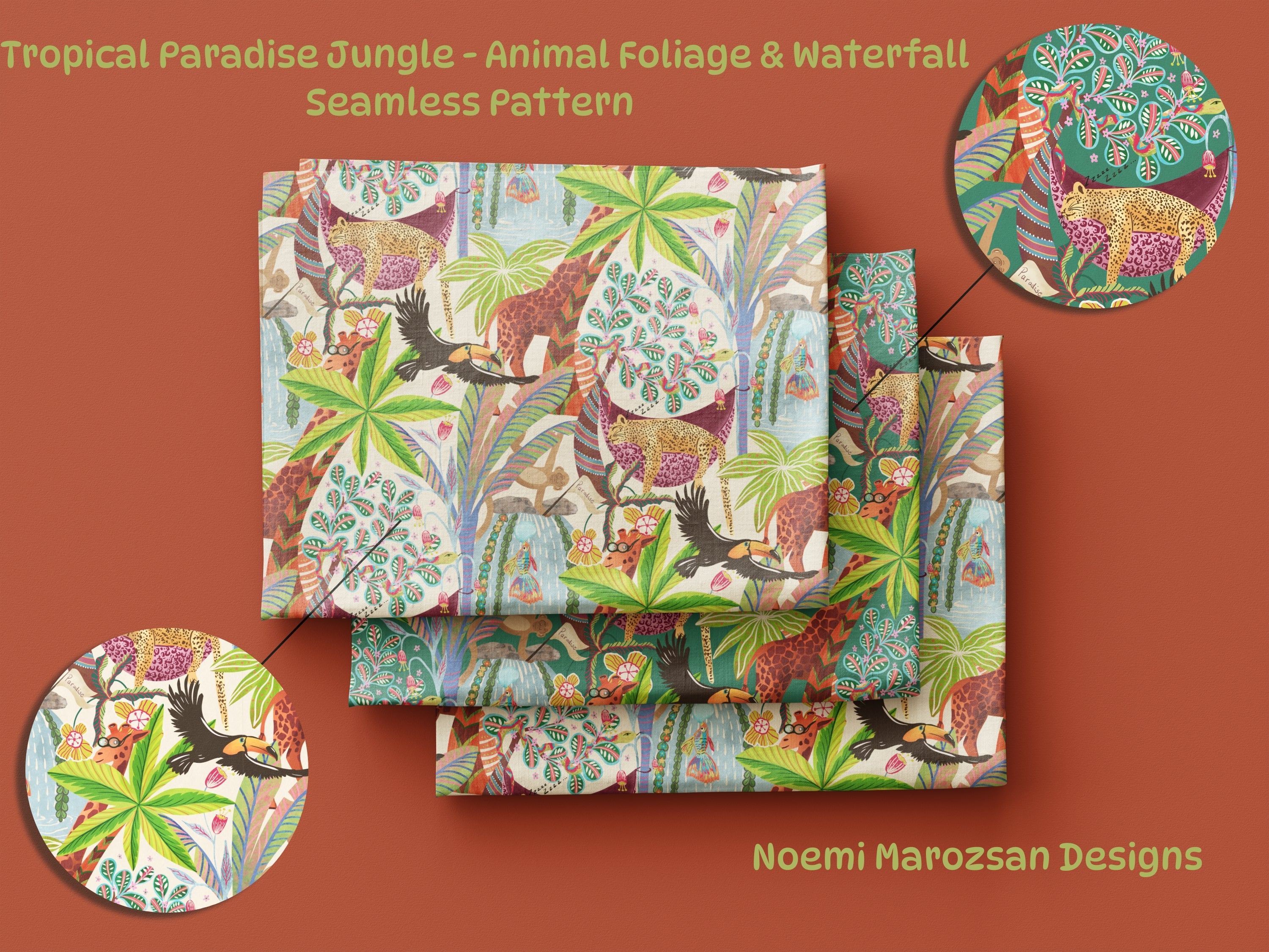 Folded fabric mockup featuring a detailed tropical jungle seamless pattern with animals, foliage, and waterfall elements.