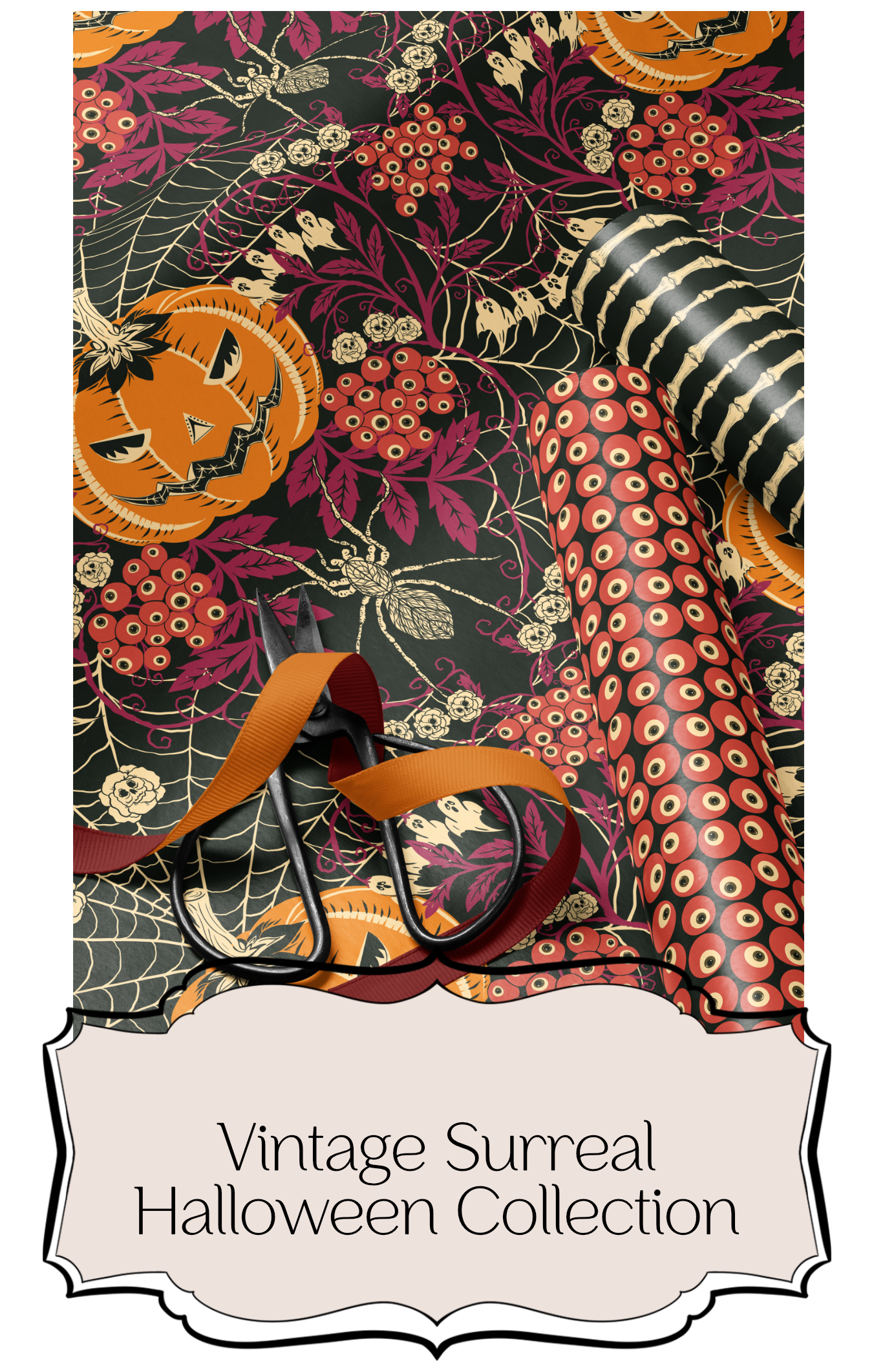 A vintage surreal Halloween pattern collection with carved pumpkin motifs, ghost illustrations, stylised florals, and bold ornamental shapes in an orange, red, black, and cream palette. The artwork combines retro Halloween symbolism with surreal decorative elements to create a cohesive themed collection.