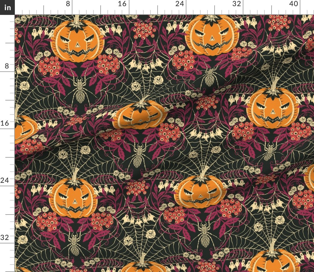Halloween-themed fabric with pumpkins, spiders, and webs on a dark background.
