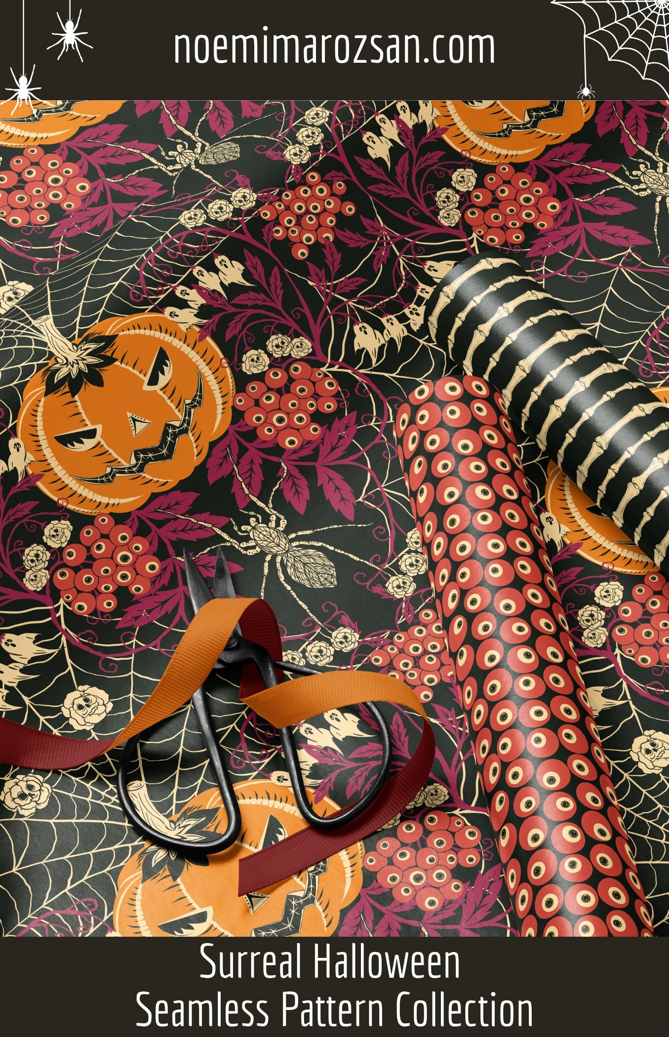 Halloween-themed fabric with pumpkins, ribbons, and spider webs on a dark background by Noemi Marozsan designer