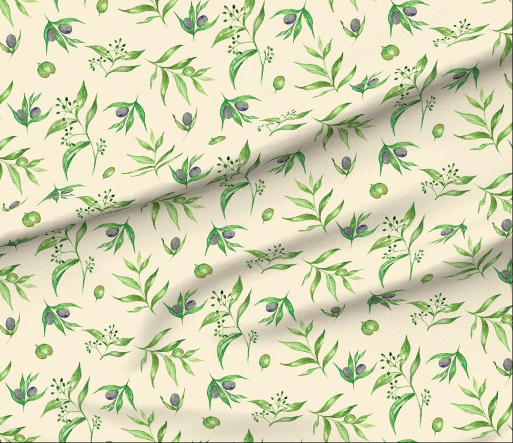 A soft watercolor olive branch pattern featuring green leaves and purple‑green olives on a warm neutral background. A calm Mediterranean botanical design ideal for kitchen décor, table linens, apparel, and home projects. Elegant, natural, and timeless.A soft watercolor olive branch pattern featuring green leaves and purple‑green olives on a warm neutral background. A calm Mediterranean botanical design ideal for kitchen décor, table linens, apparel, and home projects. Elegant, natural, and timeless.
