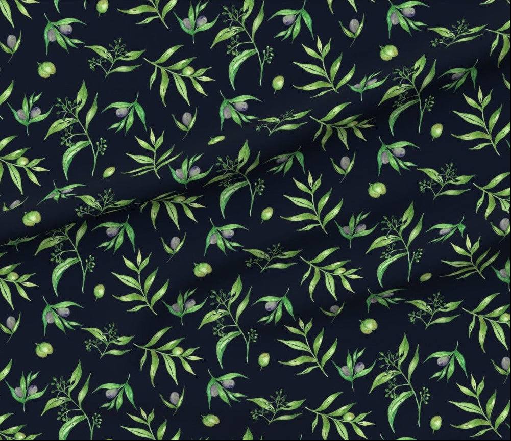 A soft watercolor olive branch pattern featuring green leaves and purple‑green olives on a warm neutral background. A calm Mediterranean botanical design ideal for kitchen décor, table linens, apparel, and home projects. Elegant, natural, and timeless.