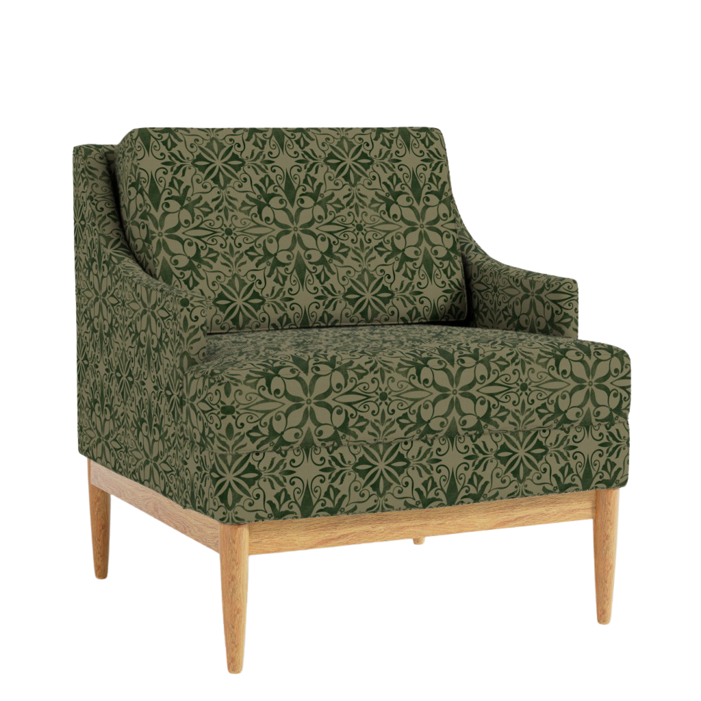 Armchair upholstered in a green ornamental damask pattern, shown against a neutral background with wooden legs to highlight the fabric design and furniture styling.