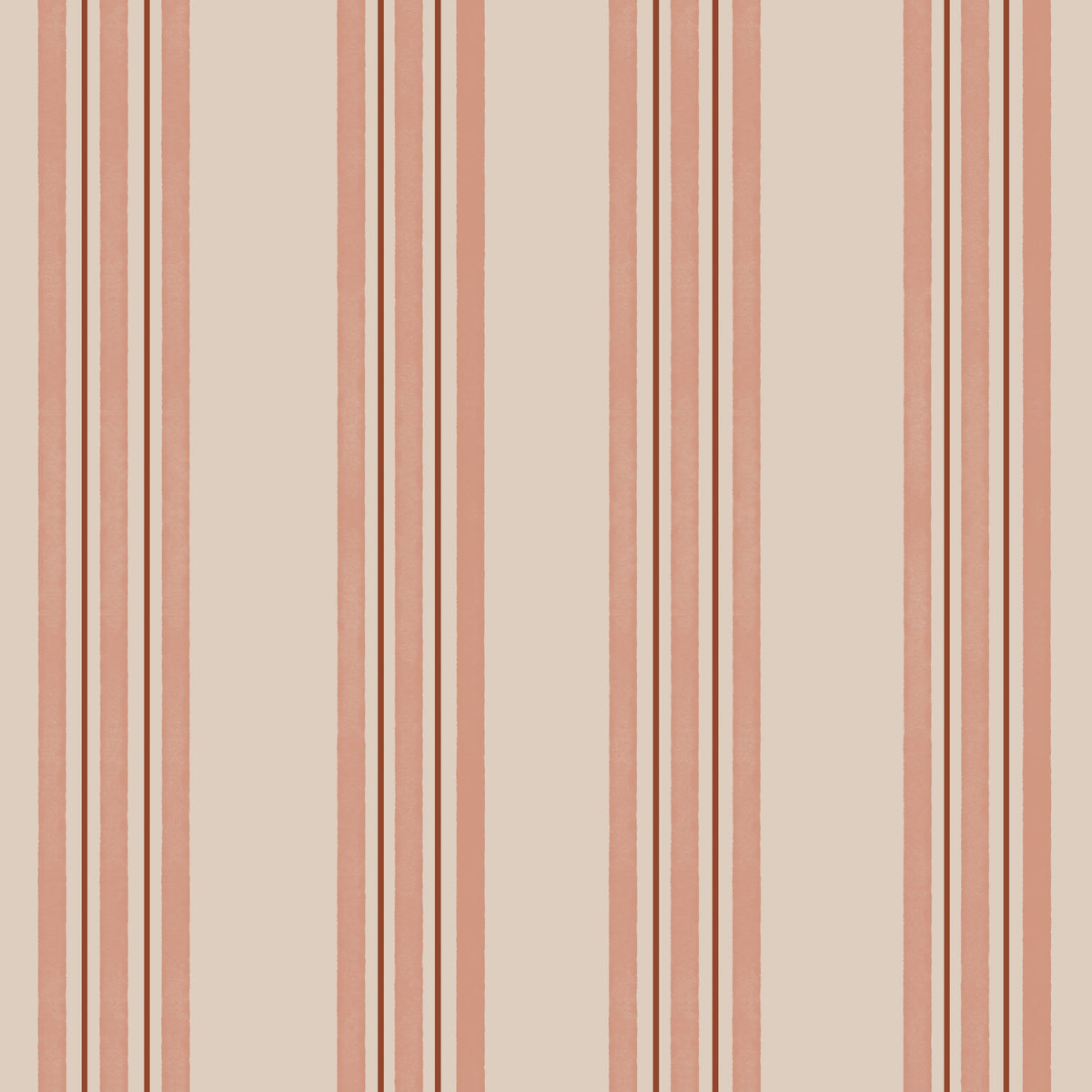 Vertical striped wallpaper pattern featuring alternating wide dusty pink stripes and thin dark brown stripes on a warm beige background.