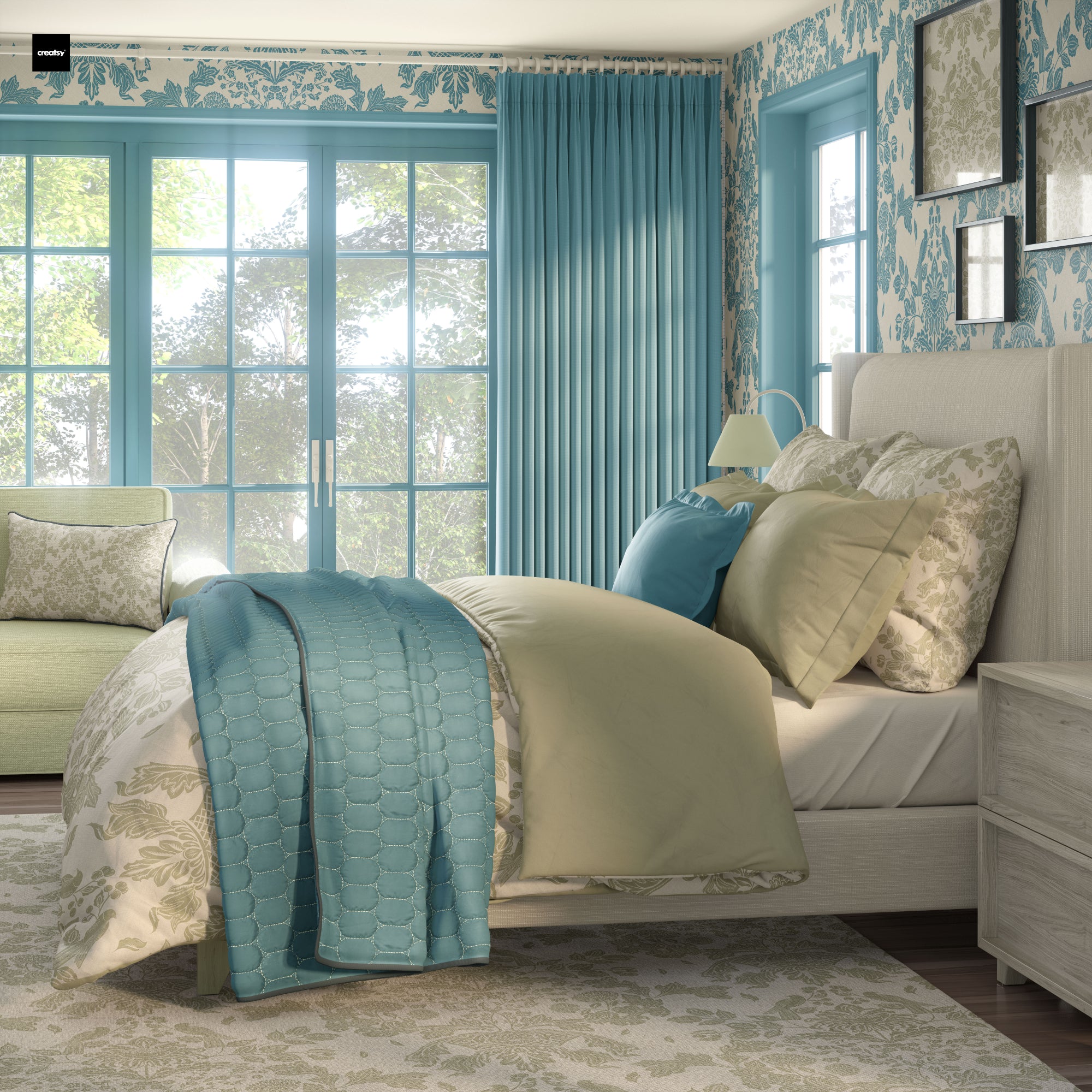Turquoise floral wallpaper and bedding design shown in a realistic bedroom mockup, created using Creatsy mockup templates.