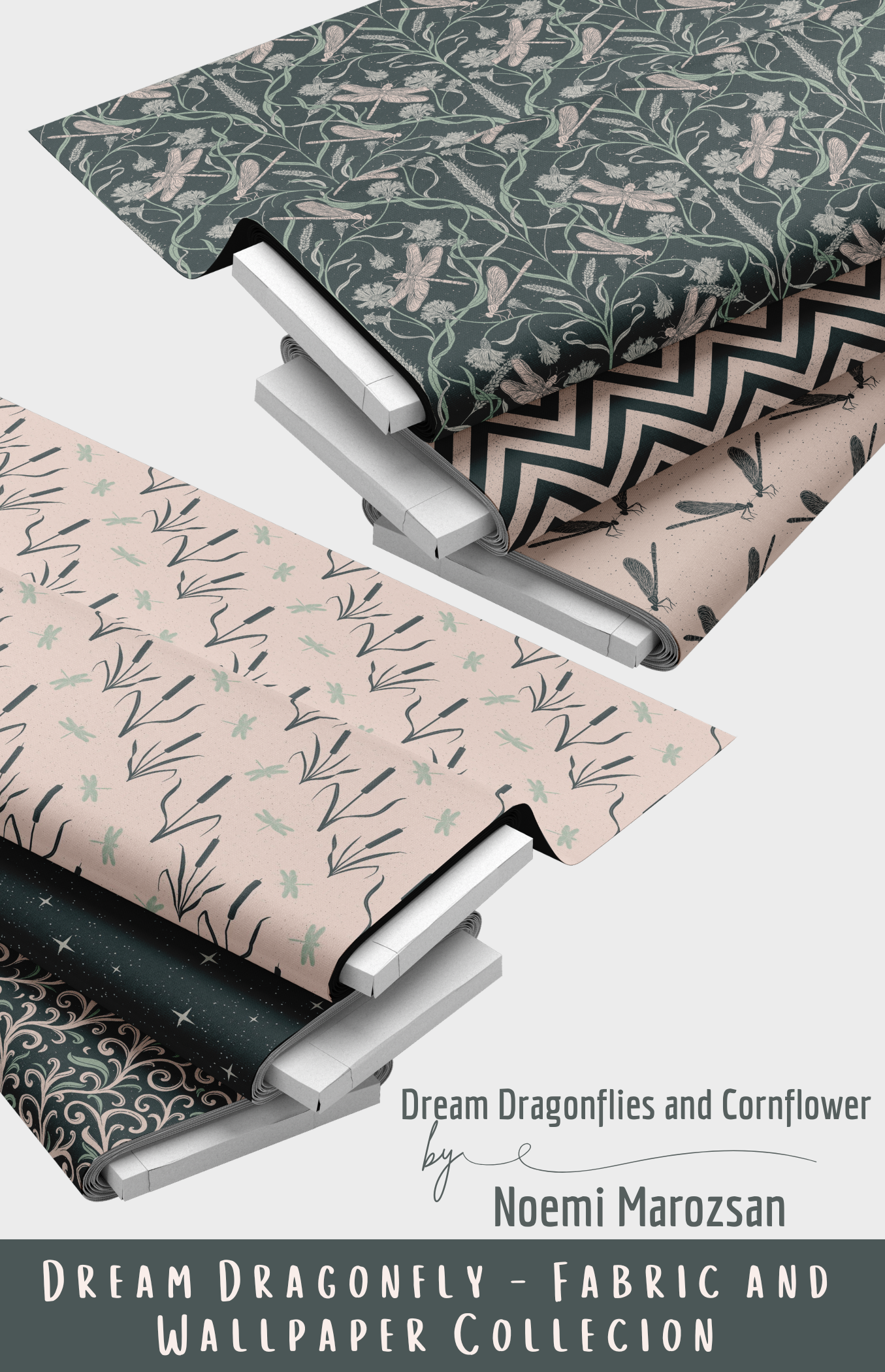 Dream Dragonflies and Cornflower Fabric and Wallpaper Collection by Noemi Marozsan showing teal botanical dragonfly print, chevron,  blush pink floral and dark star patterns
