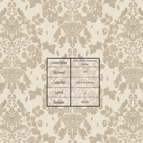 Heritage Revival digital seamless repeat pattern by Noemi Marozsan featuring stylized blooms, foliage, and birds in a heritage-inspired layout.