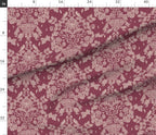 Fabric with a floral and birds vintage pattern on a red background, measured in inches.