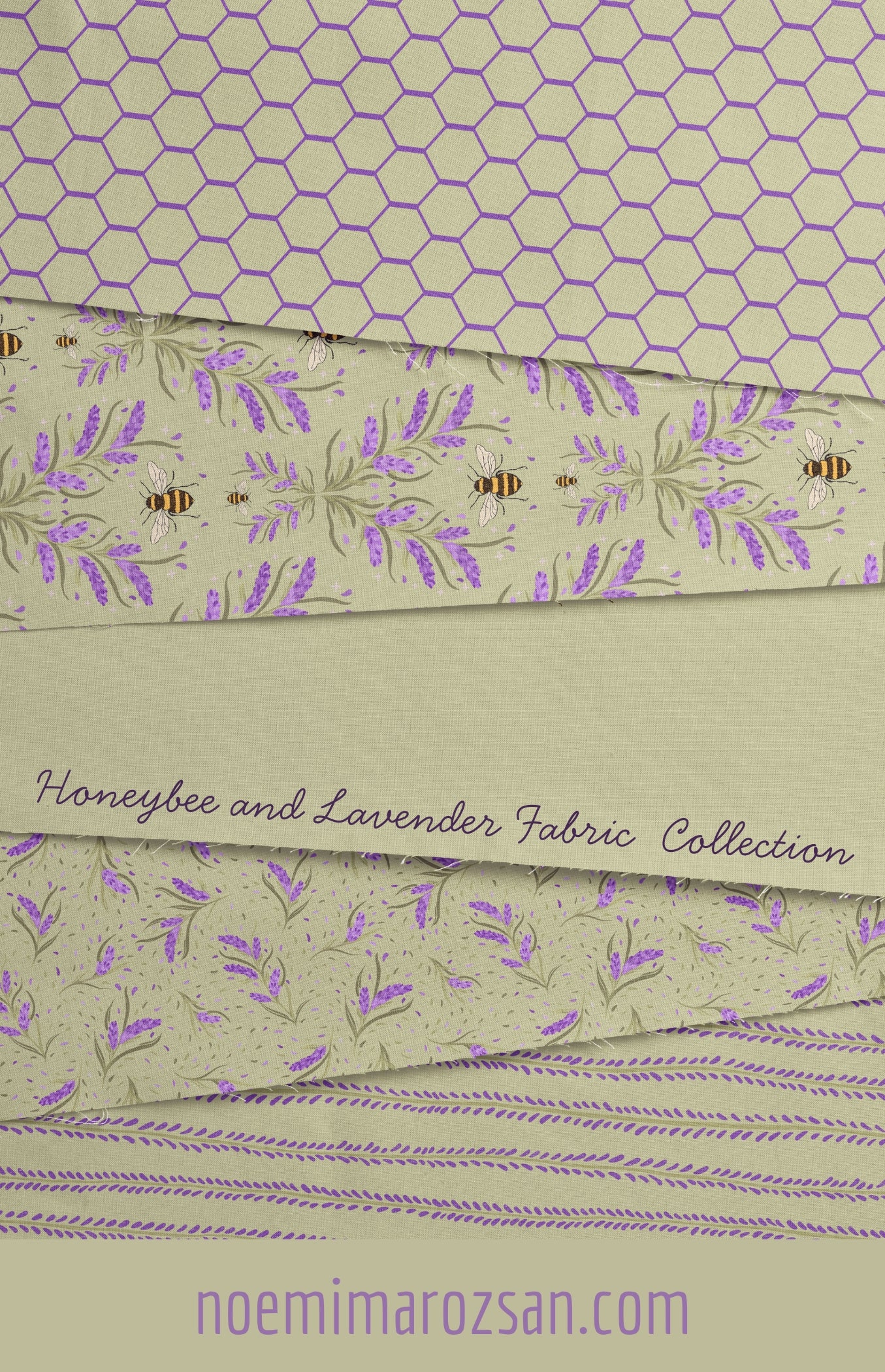 Honeybee and Lavender Fabric Collection by Noemi Marozsan featuring honeycomb hexagon print botanical lavender sprig and bumblebee designs in purple and sage green on cream background
