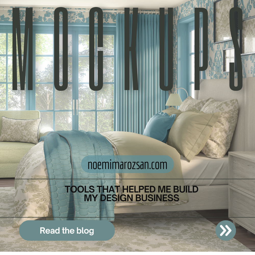 A promotional graphic with the headline 'One of the Most Important Marketing Tools in My Business:' above a bedroom interior. Large overlaid text reads 'MOCKUPS,' with a website URL and the phrase 'TOOLS THAT HELPED ME BUILD MY DESIGN BUSINESS' over the bed, plus a 'Read the blog' button.
