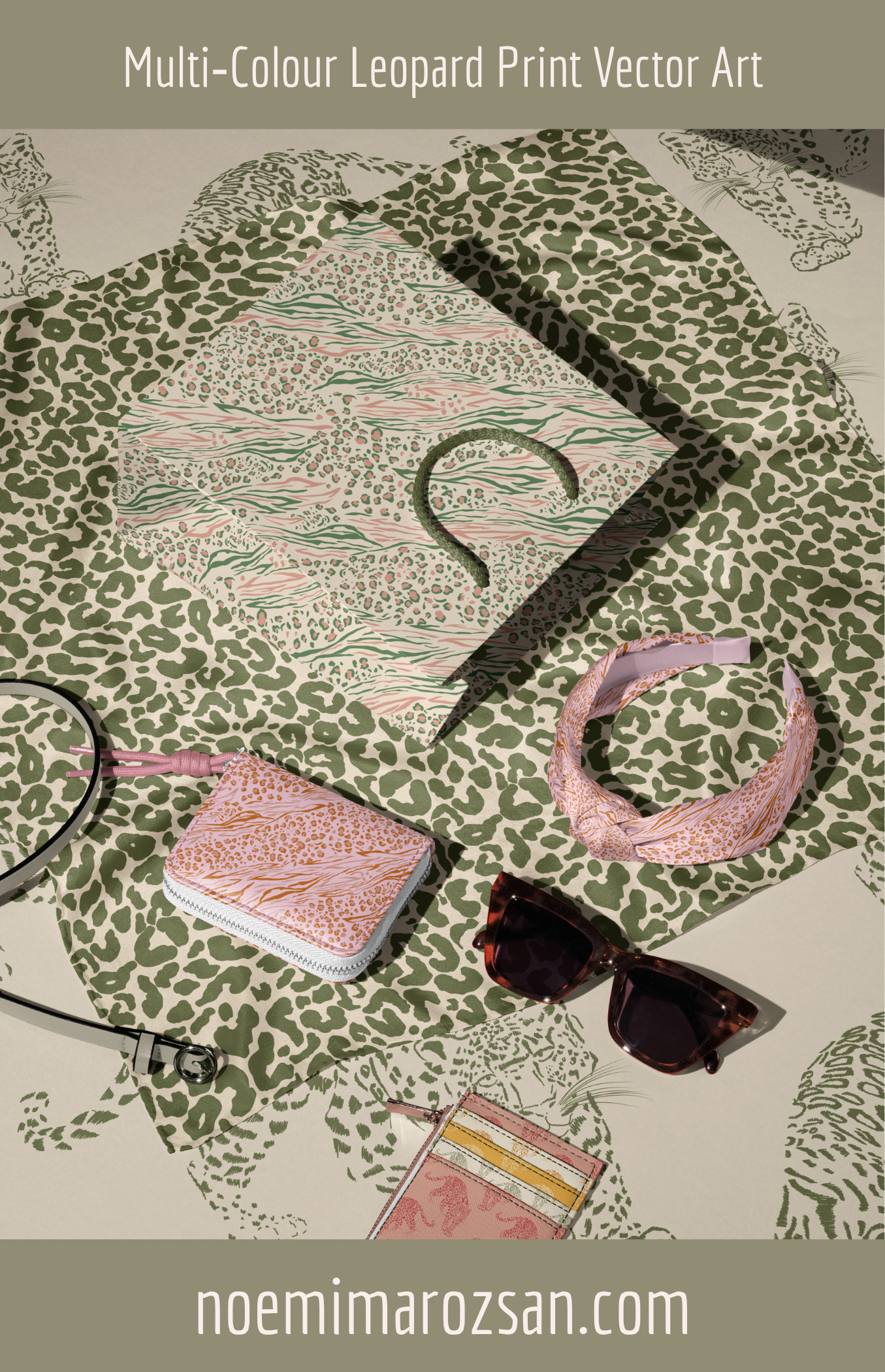 Leopard print vector design surface pattern with pink accessories and sunglasses by Noemi Marozsan
