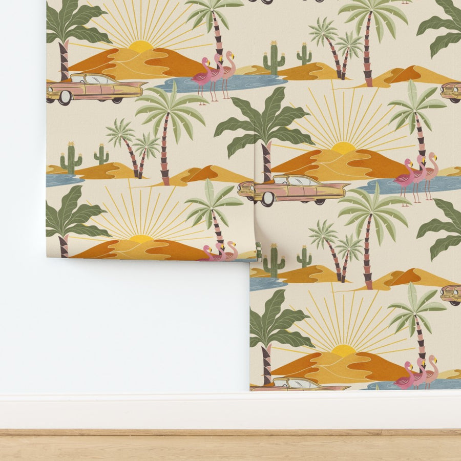 Two sheets of retro-style wallpaper with palm trees, cars, and sunsets on a beige background.