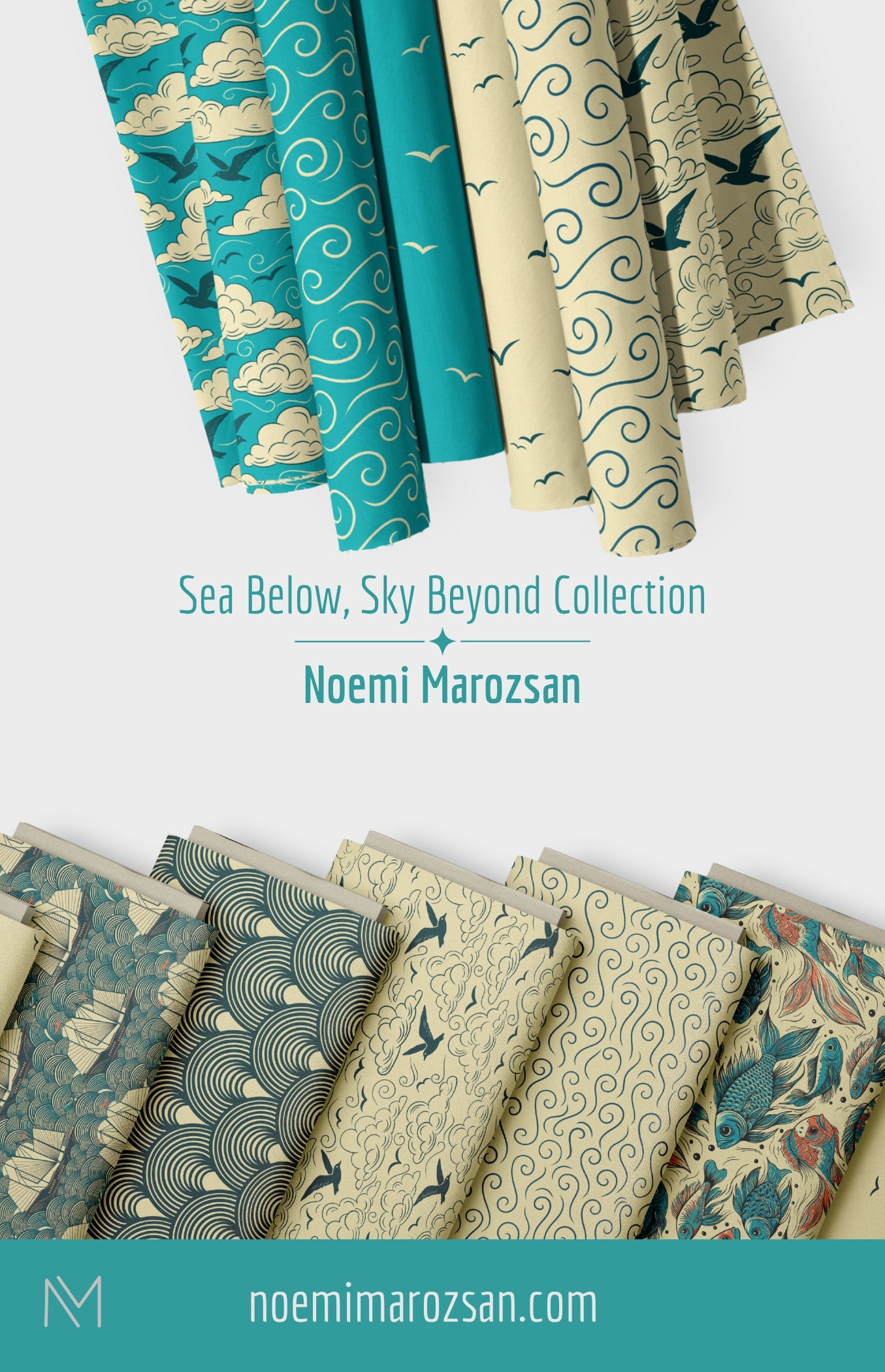 Collection of fabric swatches with patterns inspired by nature sea, bird and nautical theme, displayed on a beige background ny Noemi Marozsan illustrator. Sea Below, sky beyond