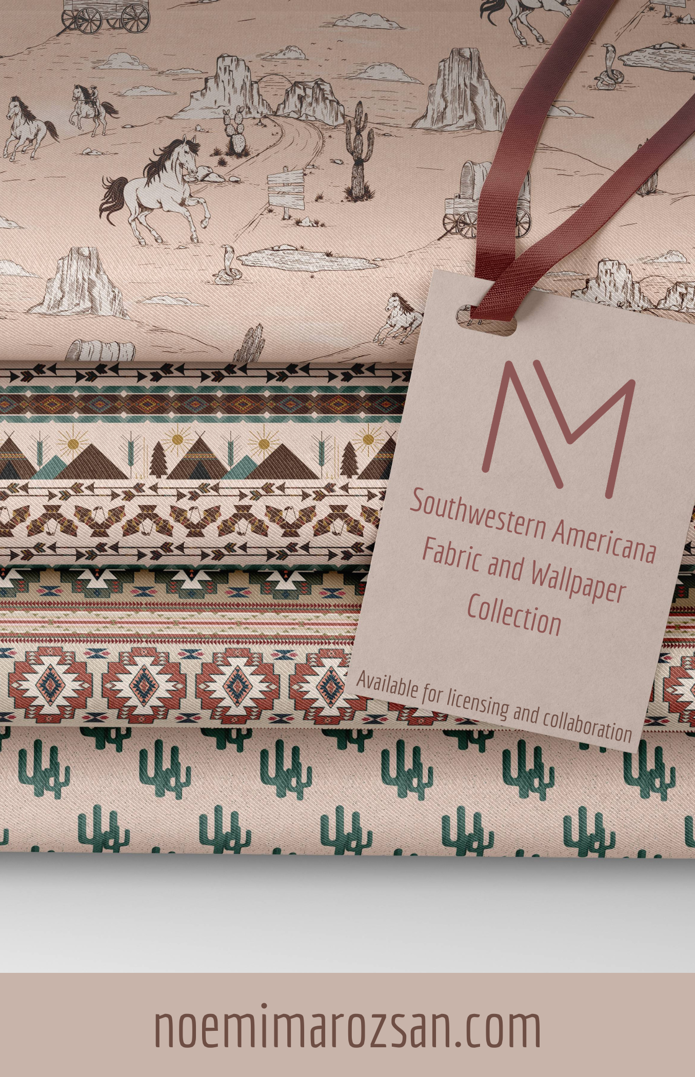 Southwestern Americana fabric and wallpaper collection with a tag displaying Noemi Marozsan designer and illustrator licensing