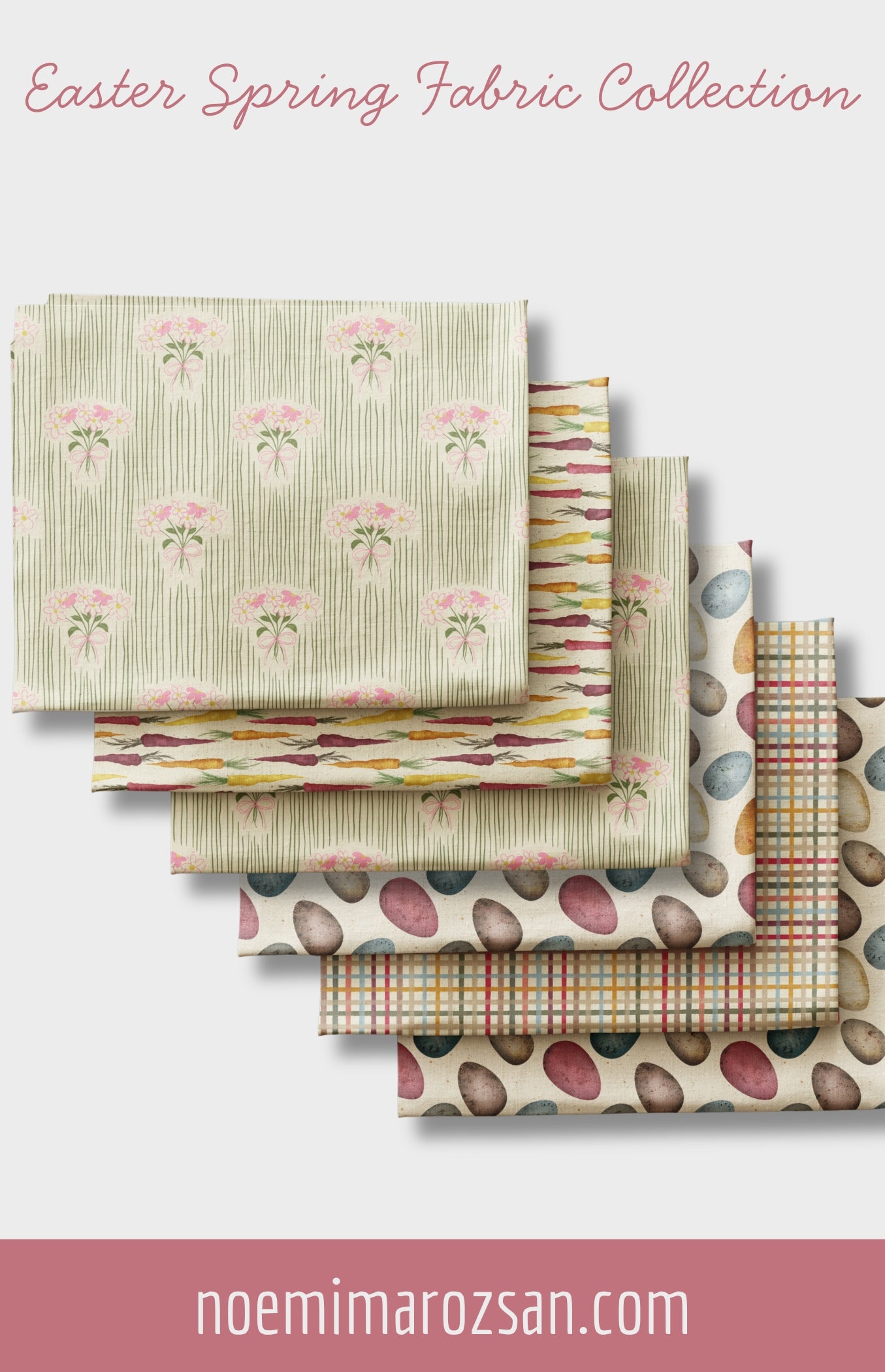 Collection of Easter spring fabric with floral and egg patterns on a white background by Noemi Marozsan design